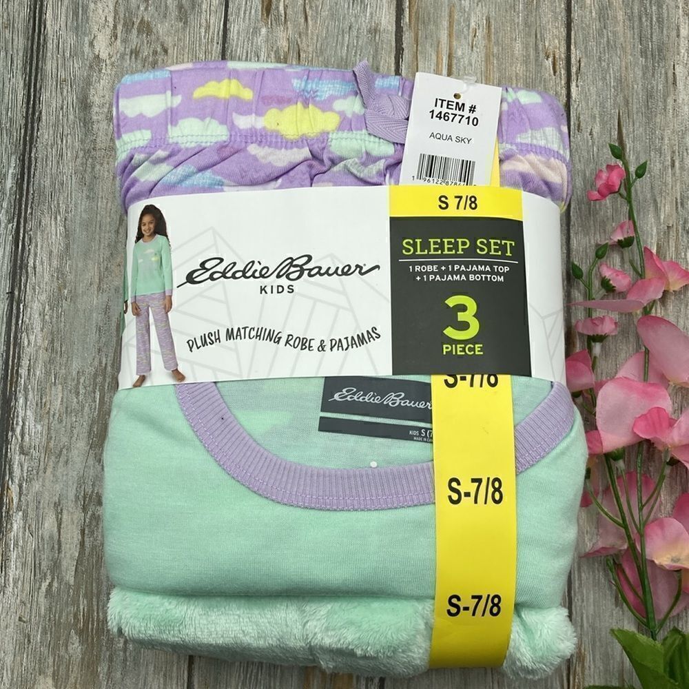 Eddie Bauer Girls 3-Piece Cozy Plush Robe and Pajama Lounge Sleep Set Size S 7/8